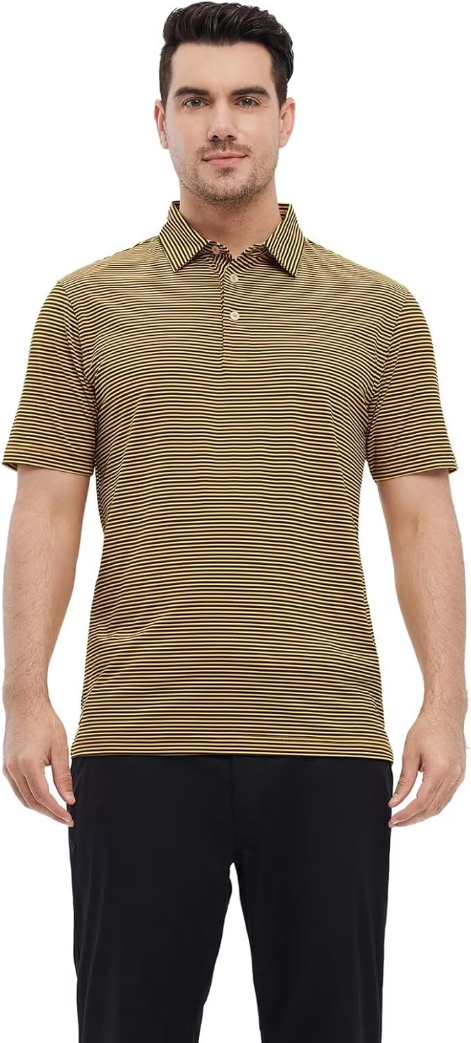 Men's Moisture Wicking Striped Golf Polo Short Sleeve Sport Shirt