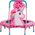 36-inch kids mini trampoline with safety handlebar and padded no-gap cover in an indoor setting.