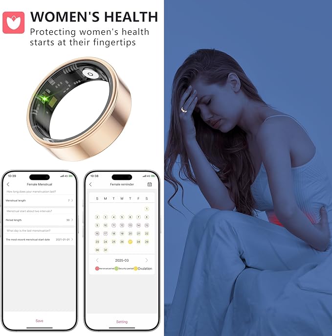 Thin Smart Ring for Fitness & Health Tracking -Heart Rate/Blood Oxygen Monitor, 5ATM Waterproof, Sleep Analysis, Pedometer -No APP Subscription Compatible with Smartphone (Rose Gold, 9)