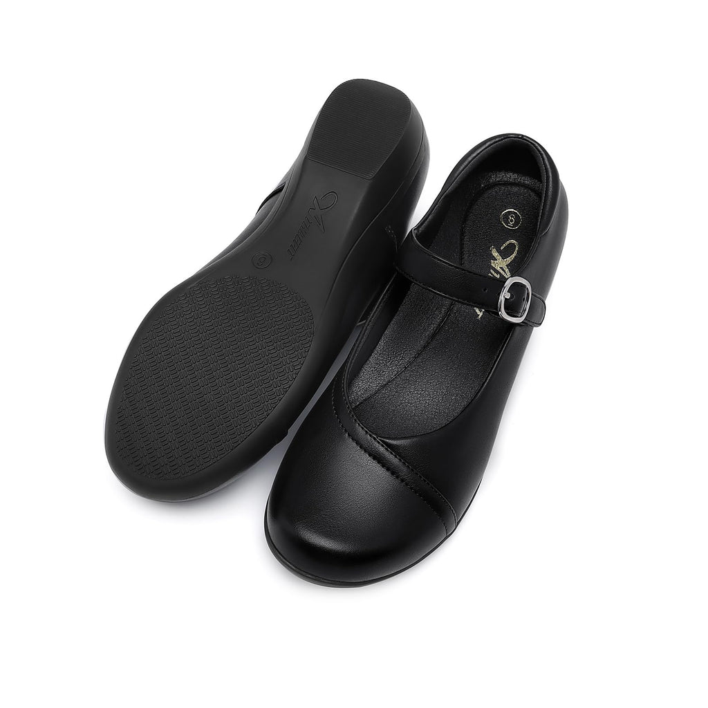 Mary Jane Flats for Women - Comfortable Round Toe Ballet Flats with Buckle Strap Work Shoes