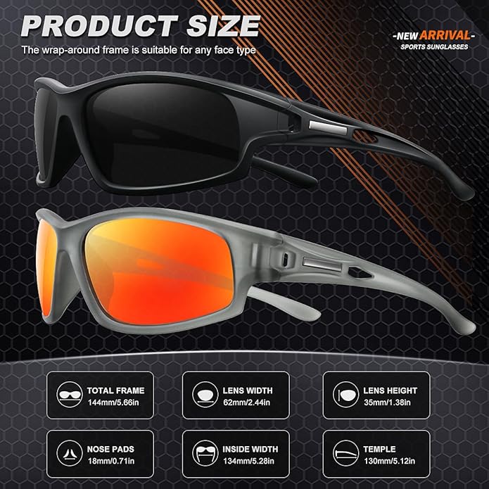 Polarized Sports Sunglasses for Men 100% UV Protection Wrap Around Unbreakable Sun Glasses for Fishing Driving