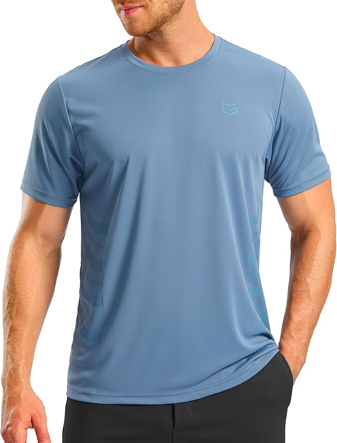 Men's blue quick-dry athletic running shirt featuring moisture-wicking 4-way stretch fabric.