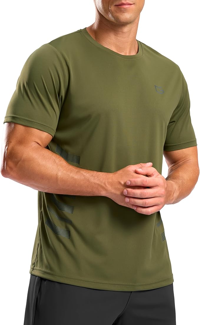 Close up of men's moisture-wicking athletic gym shirt in short sleeve.