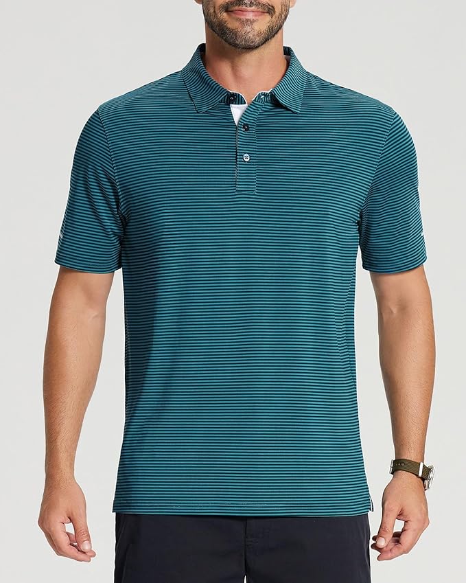 Men's Striped Golf Polo Shirt - Moisture Wicking Performance Sport