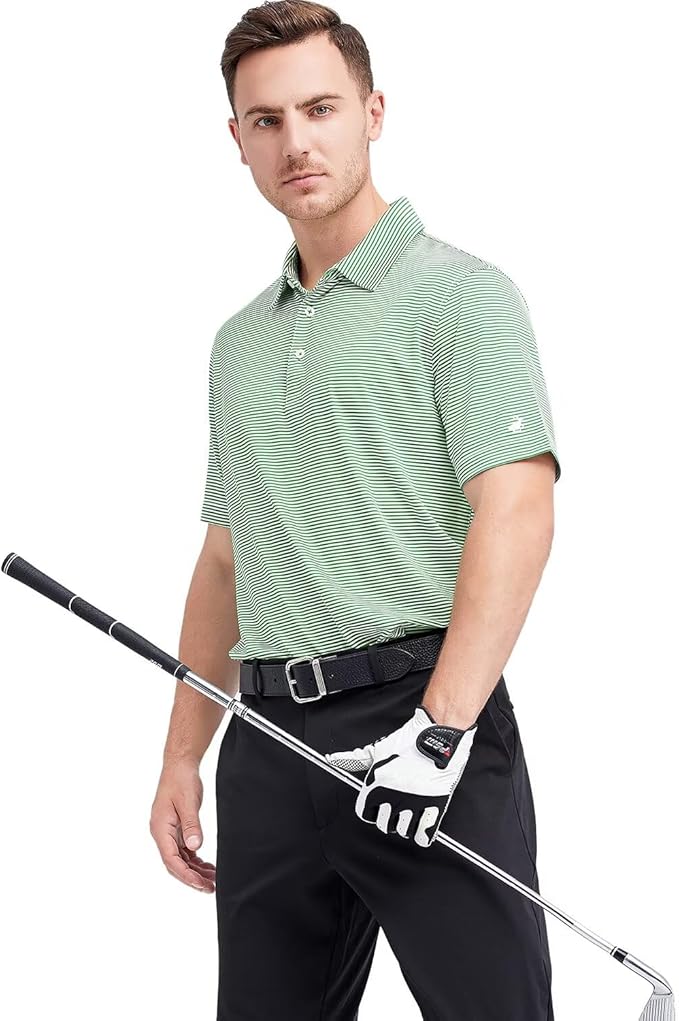 Men's Striped Moisture-Wicking Performance Golf Polo Shirt