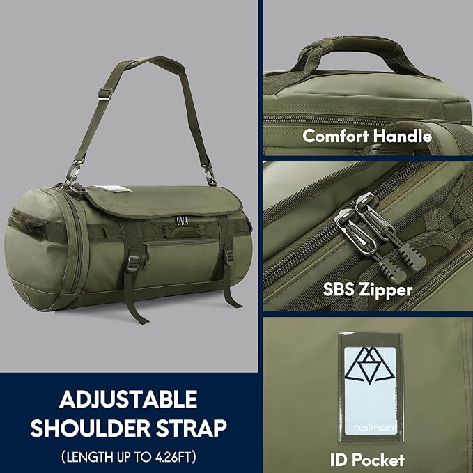 Haimont Large Duffle Backpack Bag for Men Travel, Heavy Duty Duffel Bags with Shoes Compartment for Long Trip, Camping, Water-resistant, 90L, Army Green
