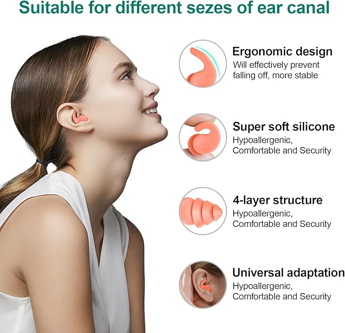 Swimming Ear Plugs for Adults,3 Pairs Waterproof Reusable Silicone Swim Earplugs for Swimming Surfing Snorkeling Showering and Water Pool,Beach,Ocean (Adults & Teens 14+)