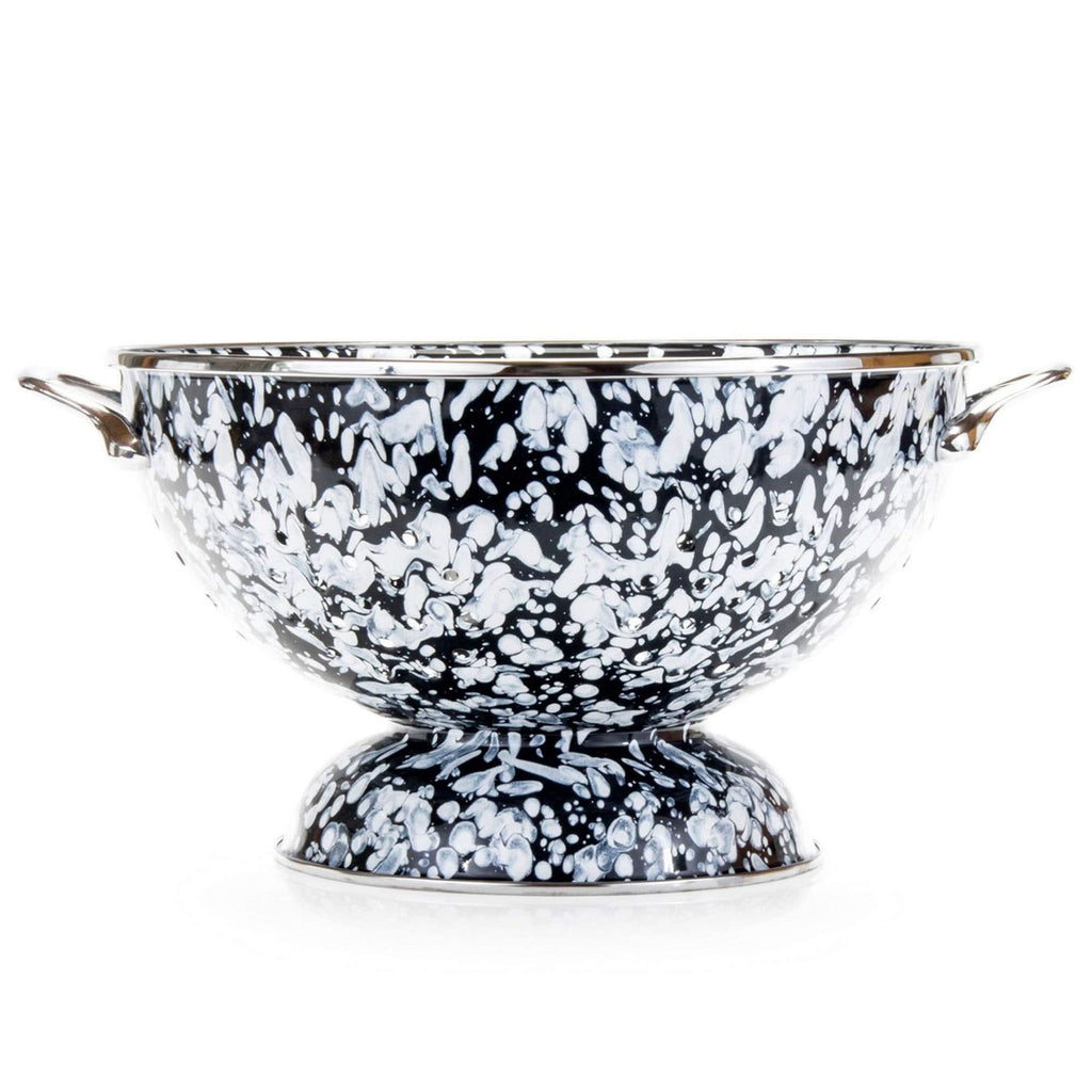 5 Quart large enamelware colander with stainless steel rim and unique swirl pattern