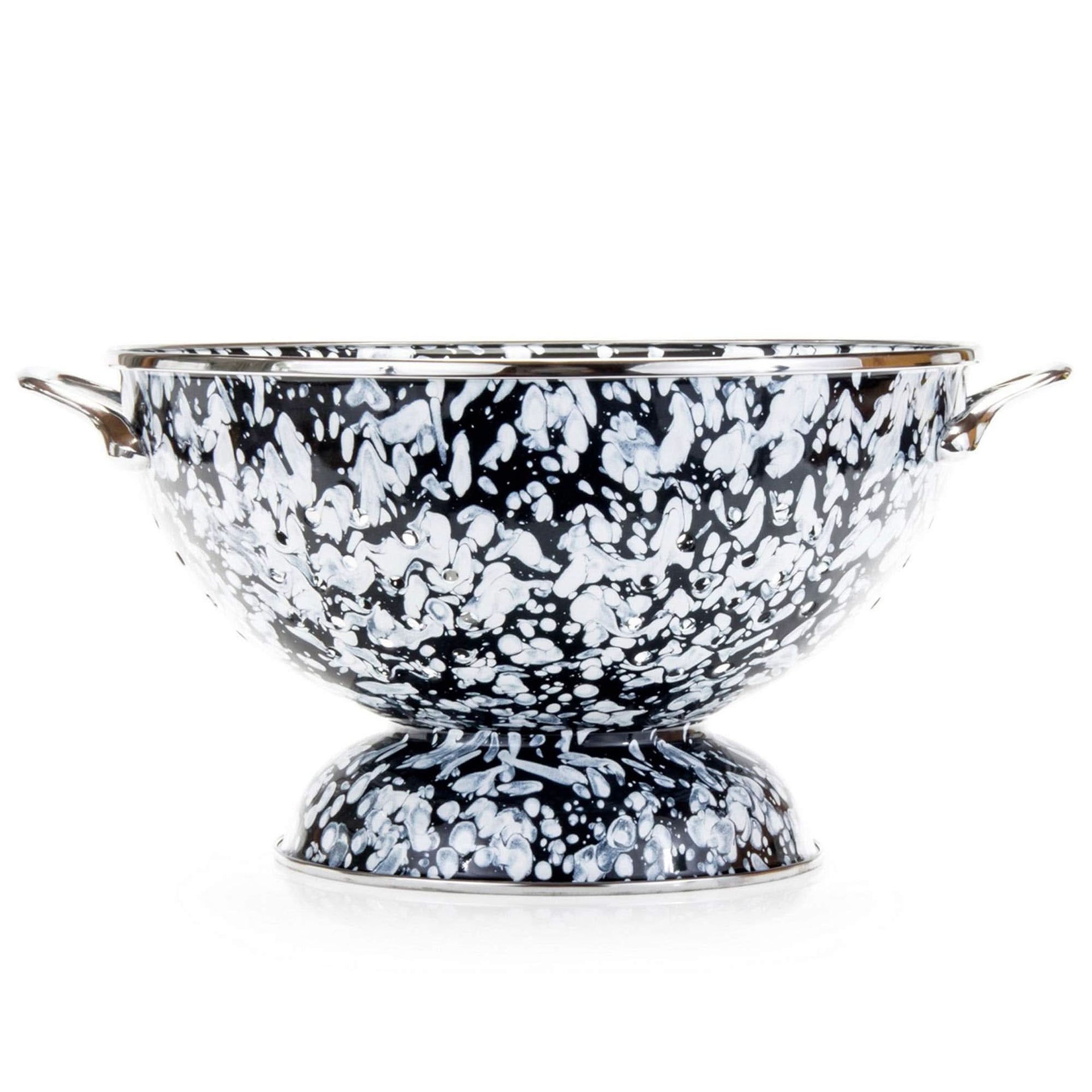 5 Quart large enamelware colander with stainless steel rim and unique swirl pattern