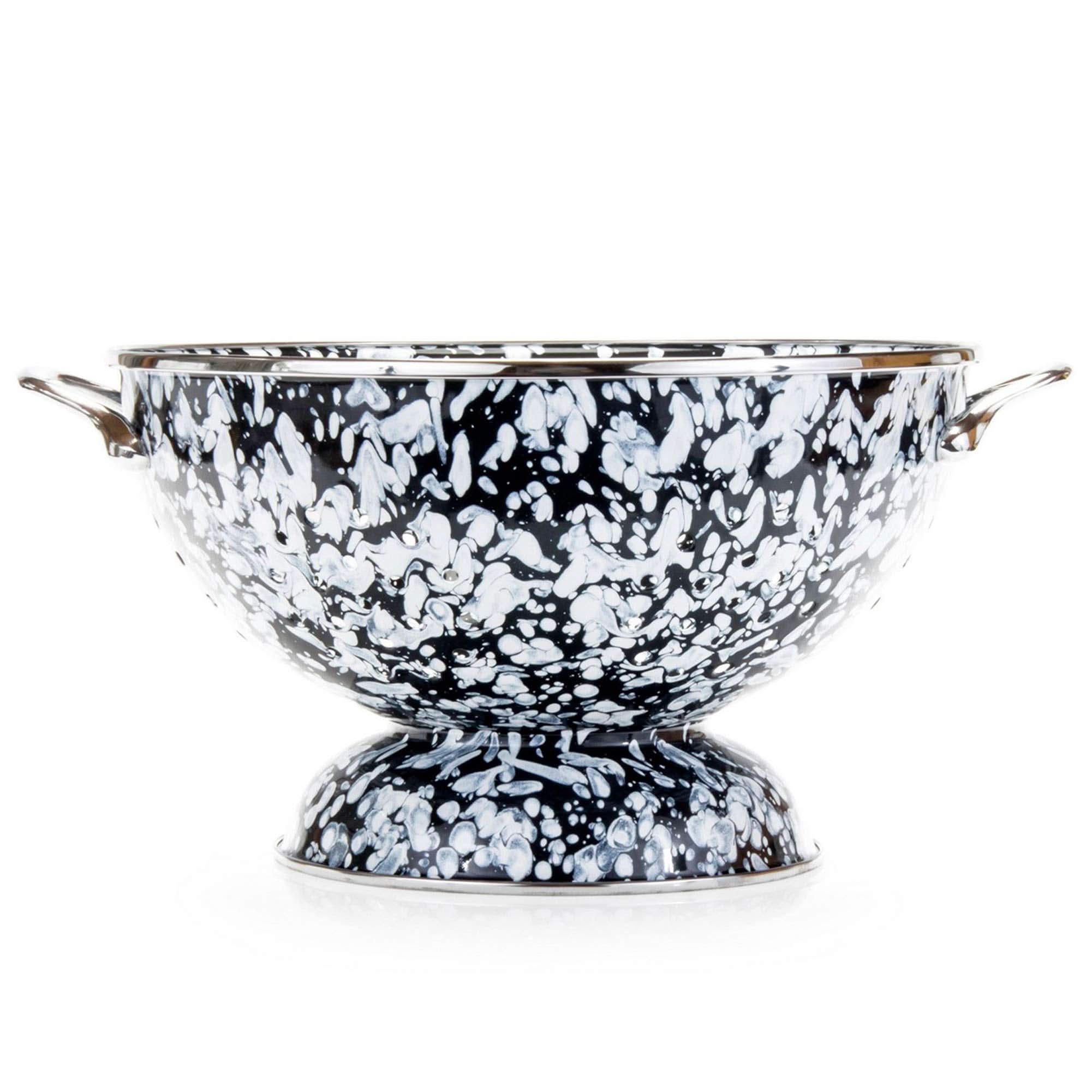 5 Quart large enamelware colander with stainless steel rim and unique swirl pattern