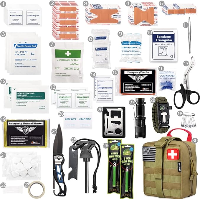 EVERLIT 250 Pieces Survival First Aid Kit IFAK EMT Molle Pouch Survival Kit Outdoor Gear Emergency Kits Trauma Bag for Camping Boat Hunting Hiking Home Car Earthquake and Adventures