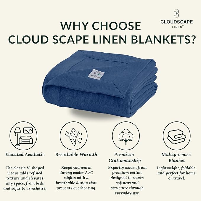 Cloud Scape Linen 100% Cotton Blanket King Size for Bed – Lightweight Summer Blanket, Herringbone Weave,fits California King Size Bed, 92x108,Ensign Blue