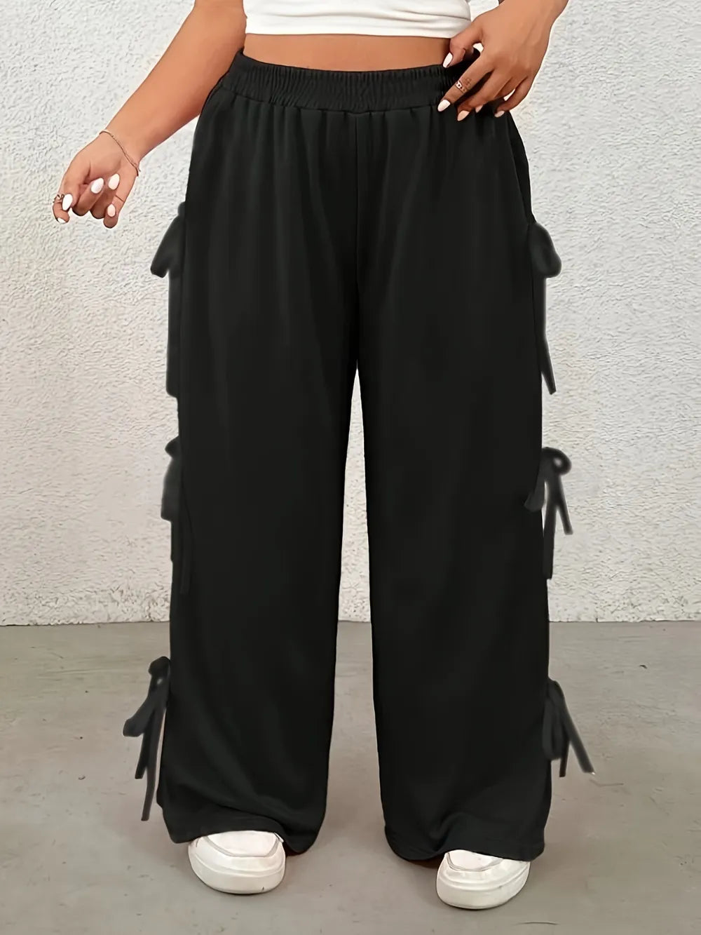 Wide Leg Elastic Waist Pants with Bow Detail for Playful Style - Image 4