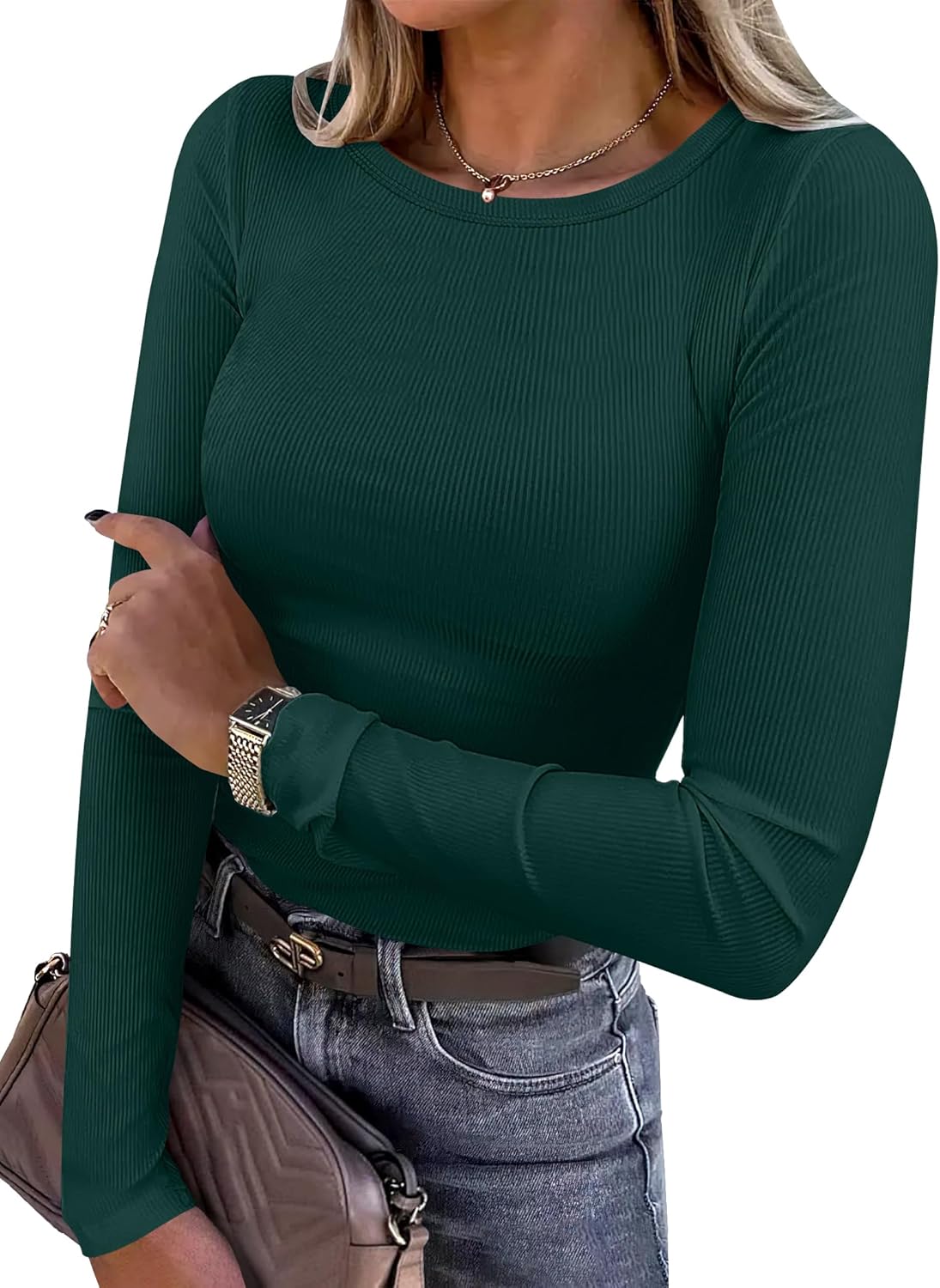 Women's Long Sleeve Rib Knit Shirt Slim Fit Crew Neck Basic Tee