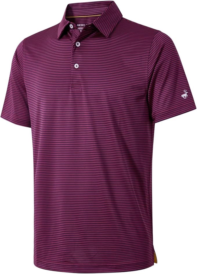 Men's striped moisture-wicking golf polo shirt with a button closure and no-curl collar