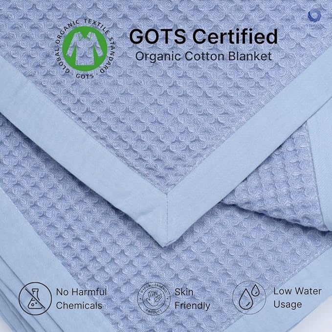GOTS Certified Organic Cotton Waffle Weave Blanket, King Bed Size,108"X90" Cozy Throw Blanket for Couch, Modern Home Decor, Throw Blankets, Waffle Blanket, Soft Bed Blankets - Powder Blue