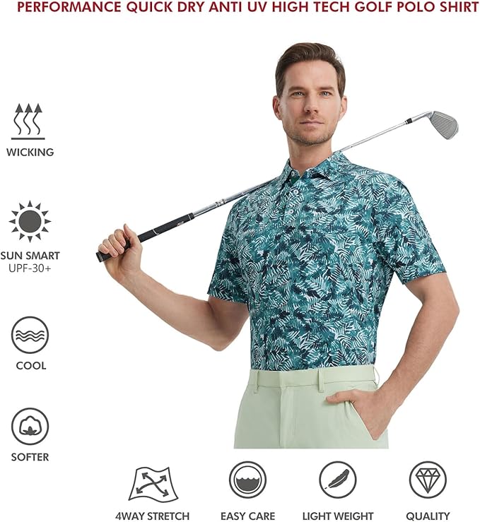 Men's Performance Golf Polo Shirt Moisture Wicking Green White