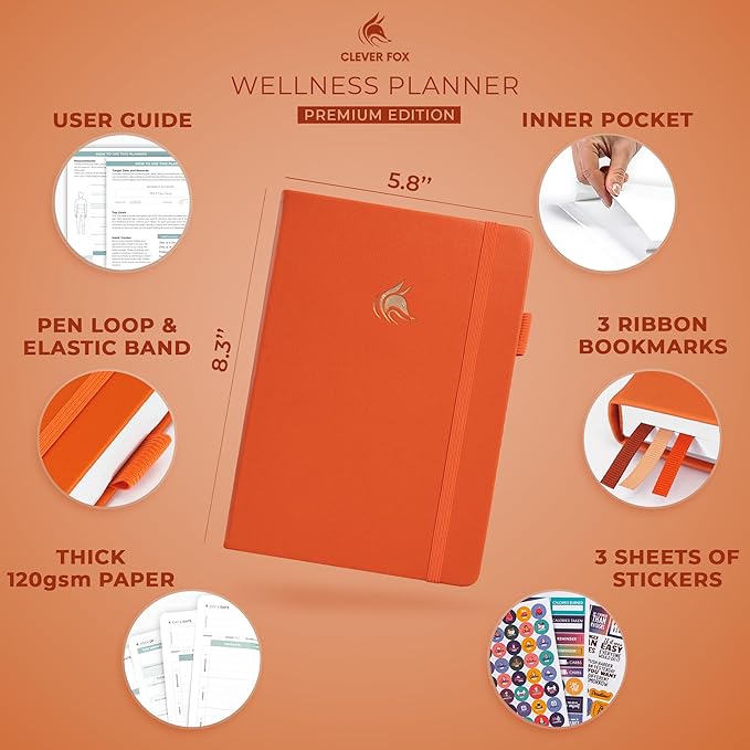 Clever Fox Wellness Planner - Weekly & Daily Health and Wellness Log, Food Journal & Meal Planner Diary for Calorie Counting, Notebook for Medical Condition Tracking, A5-Sized - Orange