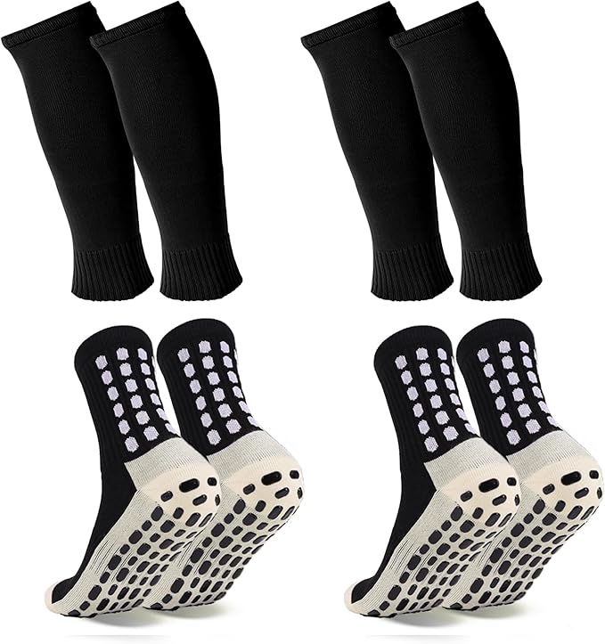 2 Set Grip Soccer Socks and Shin Guard Sleeves Non Slip Soccer Sleeve Socks for Men Women