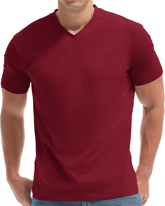 Close up of a men's premium V-neck t-shirt showing the fitted fabric texture and neckline detail.