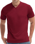 Close up of a men's premium V-neck t-shirt showing the fitted fabric texture and neckline detail.