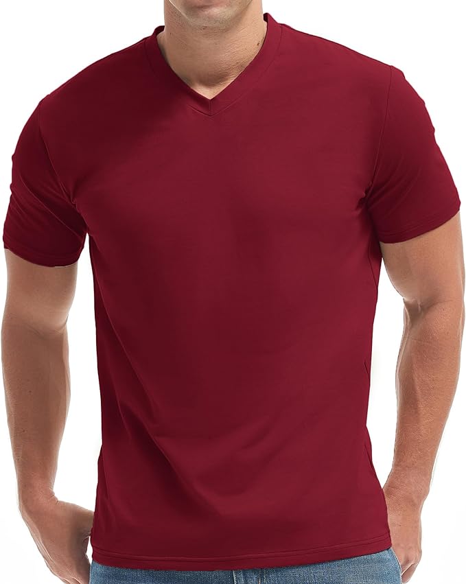 Close up of a men's premium V-neck t-shirt showing the fitted fabric texture and neckline detail.