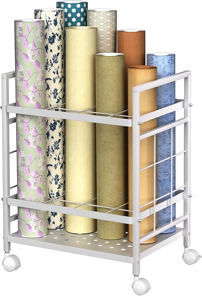 GIOTORENT Blueprint Storage Rack, Holder with Wheels, Map/Poster/Architectural Plan Storage, 12 Slots, 2 Brakes, Silent Wheels for Home, Office, School (White)