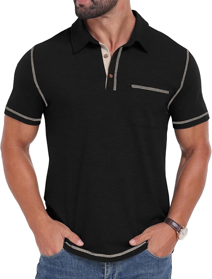 Men's Short Sleeve Polo Shirt with Pocket Casual Summer Golf Top