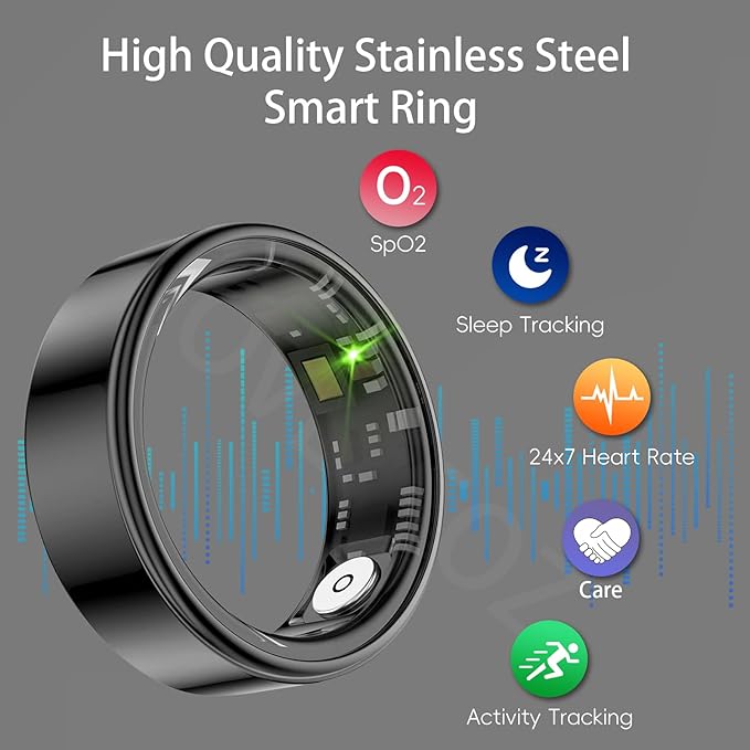 Smart Ring Health Tracker, Fitness Sleep and Heart Rate Monitor Smart Ring, Waterproof Bluetooth Fitness Tracker Ring IPX68 Waterproof (Black, 9)