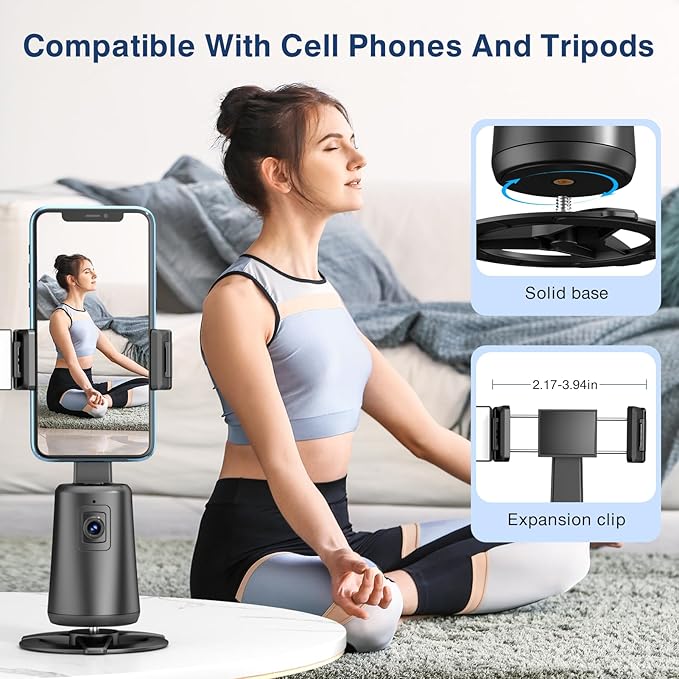 Auto Face Tracking Tripod 360° Rotating Cell Phone Photo and Video Kits Stand, No App, Camera Stand with Remote and Gesture Control, Rechargeable Smart Shooting Stand for Live Recording Tiktok（Black）