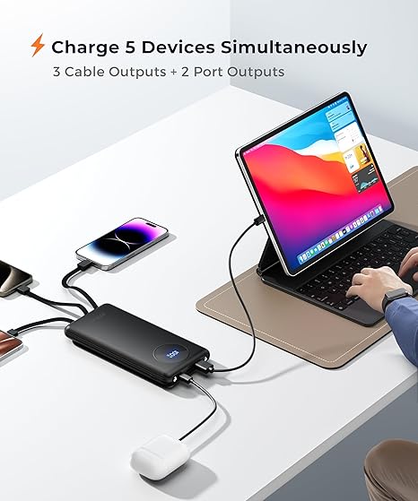 Portable Charger Power Bank - Slim Battery Pack USB C 10000mAh Built in Cable 22.5W Phone Fast Charging