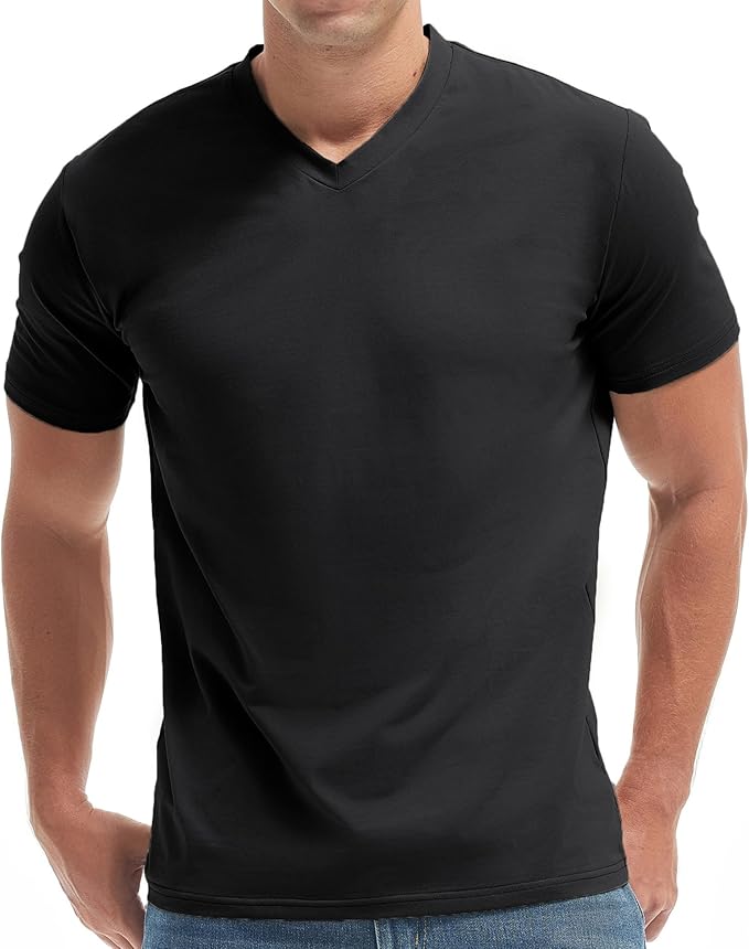 Close up of a men's premium V-neck t-shirt showing the fitted fabric texture and neckline detail.