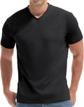 Close up of a men's premium V-neck t-shirt showing the fitted fabric texture and neckline detail.
