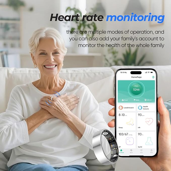 Smart Ring with Sleep Monitoring, No APP Subscription, 10-Day Battery Life, Stress/Heart Rate/Women's Health Tracker, Android & iOS Compatible (Black, 7)