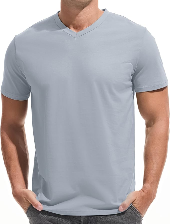 Close up of a men's premium V-neck t-shirt showing the fitted fabric texture and neckline detail.