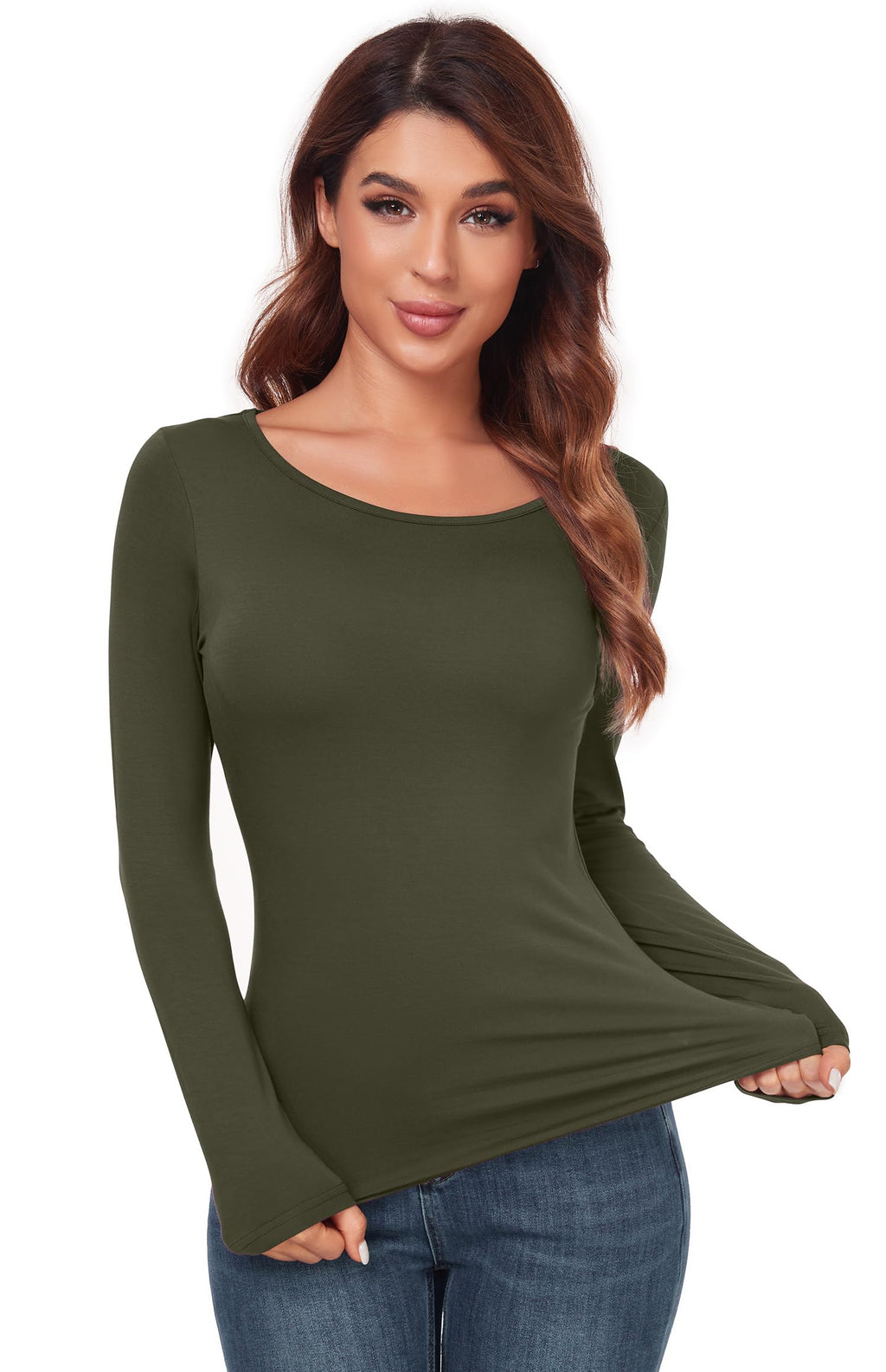 Women's Scoop Neck Long Sleeve Top - Slim Fit Thermal Blouse Basic Layer Shirt
