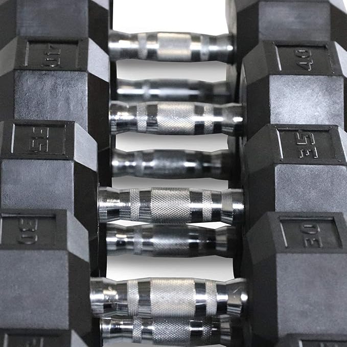 WF Athletic Supply Rubber Coated Hex Dumbbell Set with Two Tier Premium Storage Rack Built for Strength Building, Weight Loss & Home Gym – Multiple Sets Available