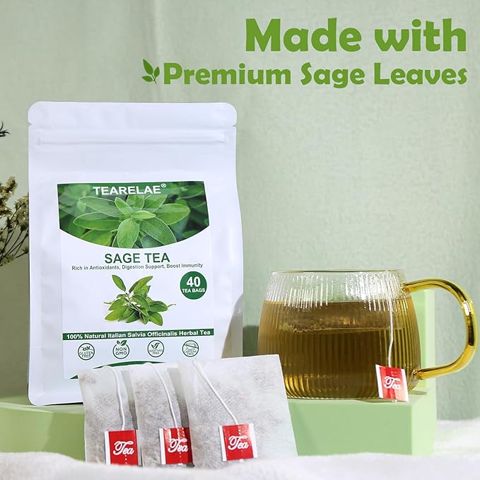 TEARELAE - Premium Sage Leaf Tea Bags - 1.5g x 40 Count - Natural Cut & Sifted Sage Herb Salvia Officinalis - Non-GMO - Caffeine-free - Digestion Support & Breath Support
