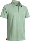 Men's short sleeve golf polo shirt featuring light green and white micro-stripes with a collared, button-down design.