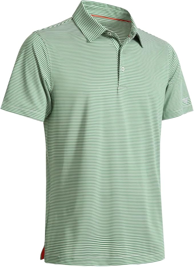 Men's short sleeve golf polo shirt featuring light green and white micro-stripes with a collared, button-down design.