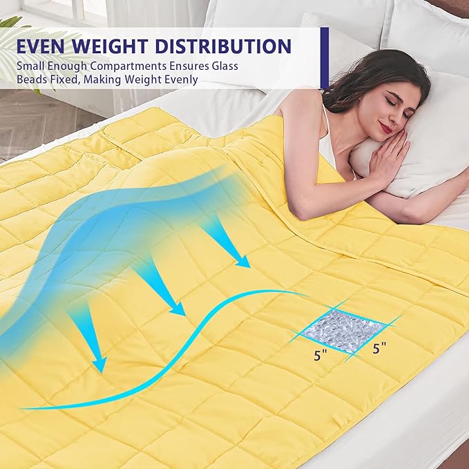 yescool Weighted Blanket for Adults (25 lbs, 60" x 80", Yellow) Cooling Heavy Blanket for Sleeping Perfect for 240-260 lbs, Queen Size Breathable Blanket with Premium Glass Bead, Machine Washable