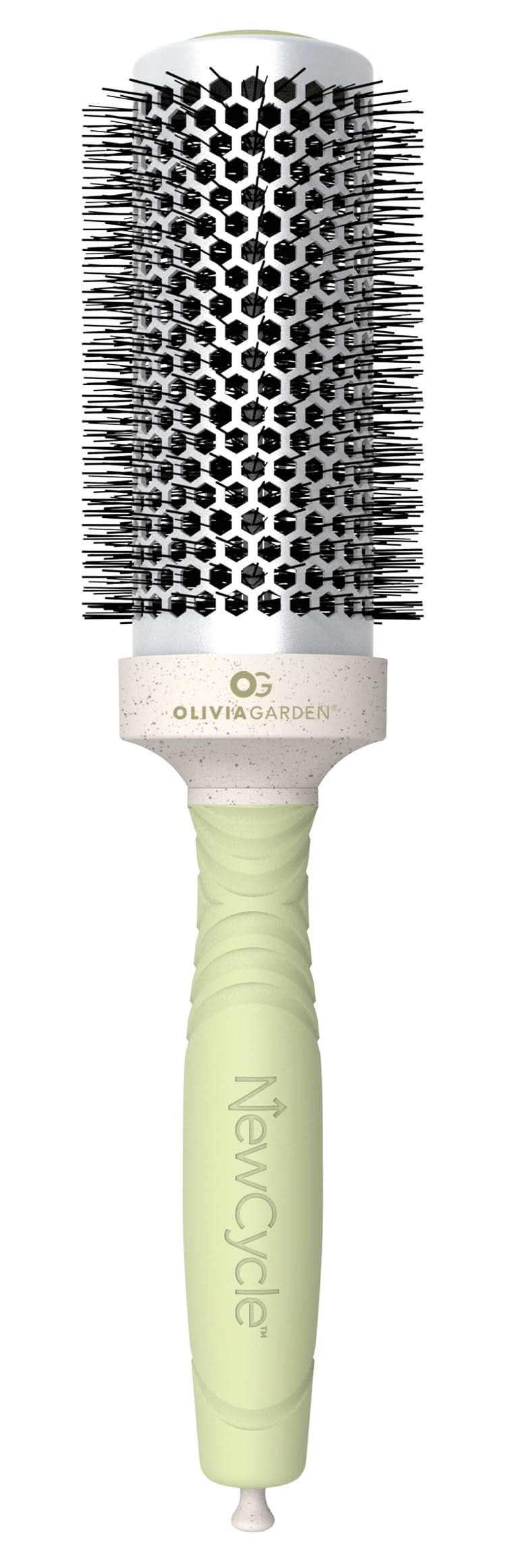 Professional 45mm thermal hair brush in sage green and speckled off-white with a ceramic barrel.
