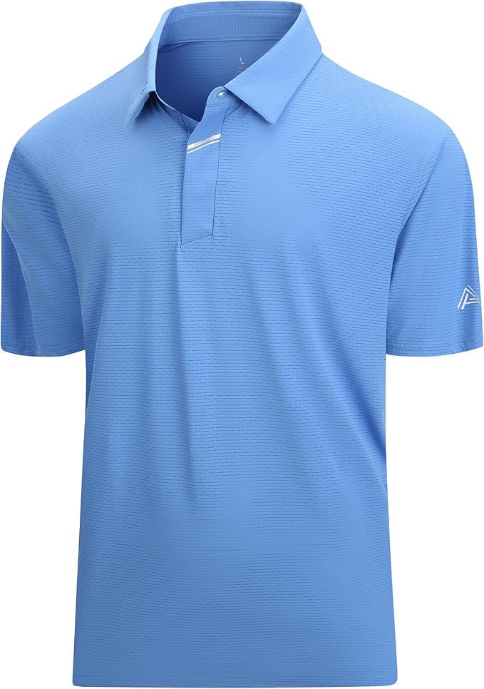 Close up of men's performance jacquard golf polo with hidden placket and moisture-wicking fabric.