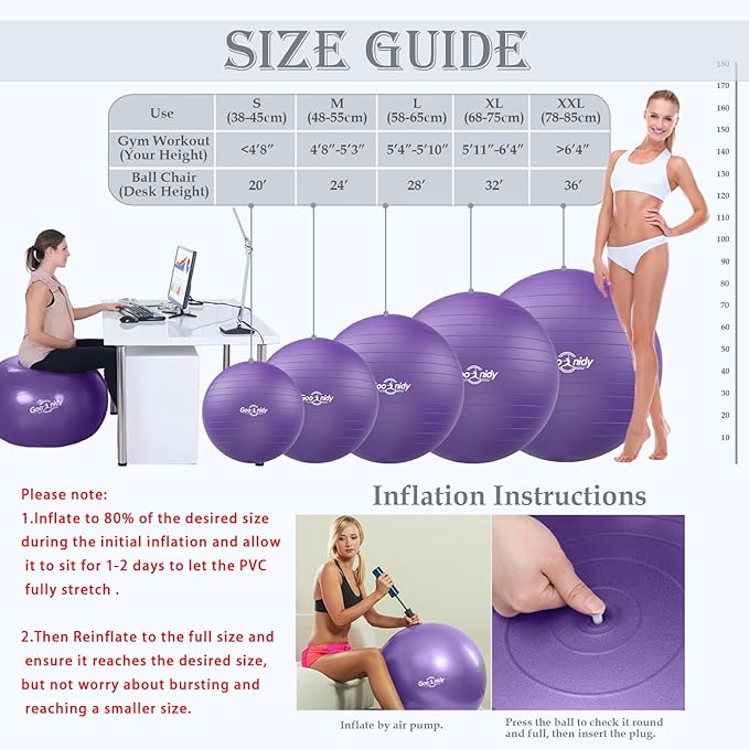 Soft Exercise ball, Anti-Burst Yoga Ball Chair Supports 2200lbs, Workout Equipment w/ Pump for Women Pregnancy, Medicine, Birthing, Physical Therapy, Stability, Excersing, Birth, Swiss, Fitness, Gym