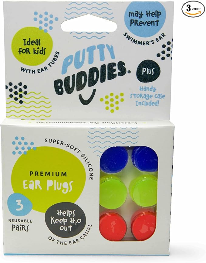 Earvolution Original Putty Buddies Ear Plugs for Swimming - Invented by an Ear Physician - Moldable, Premium Silicone Ear Plugs - One Size - Waterproof - Made in The USA - 3 Pair Pack