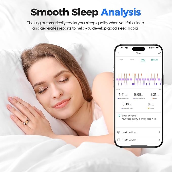Smart Ring with Sleep Monitoring, No APP Subscription, 10-Day Battery Life, Stress/Heart Rate/Women's Health Tracker, Android & iOS Compatible (Black, 9)