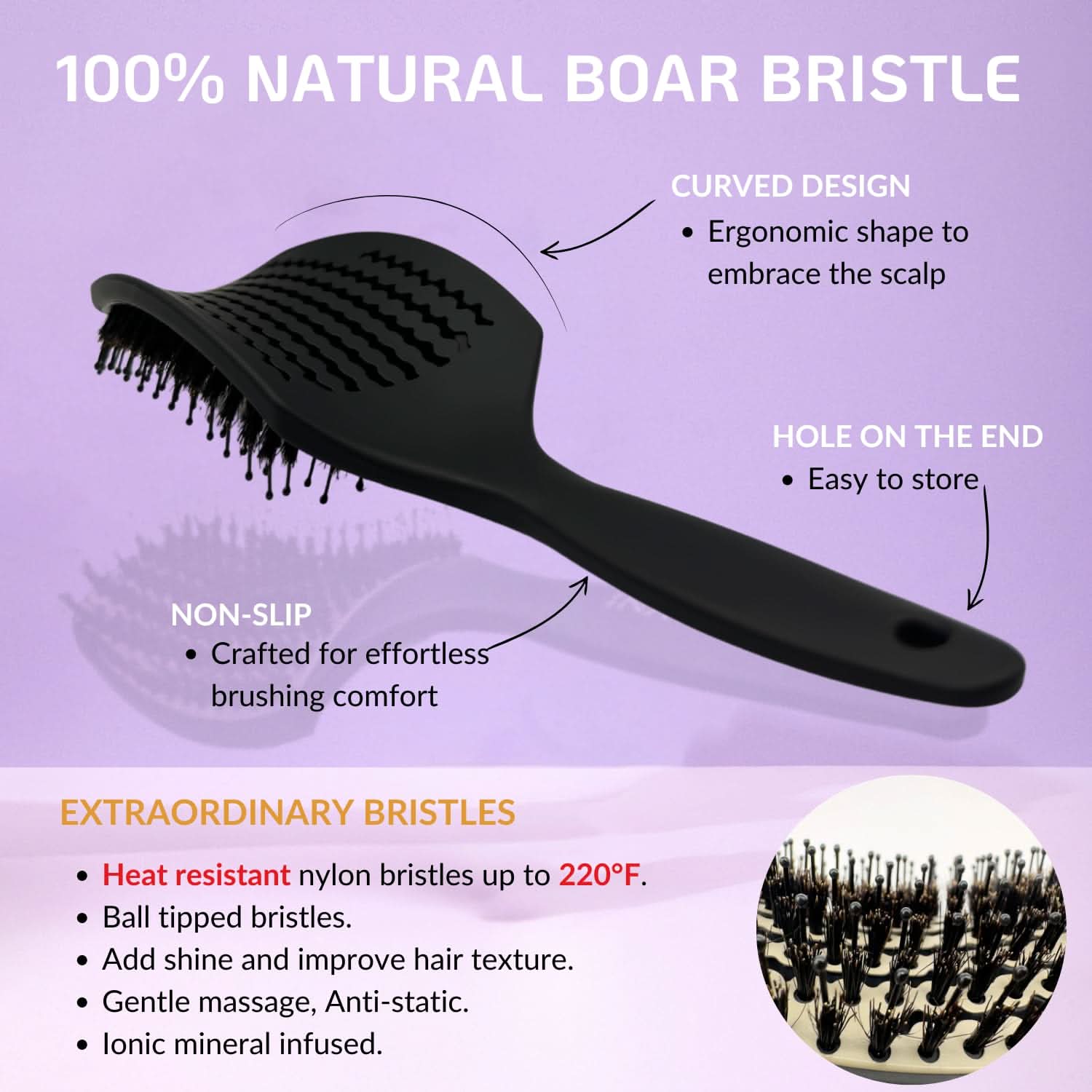 Medium Curved Vented Boar Bristle Detangler Brush in Grey