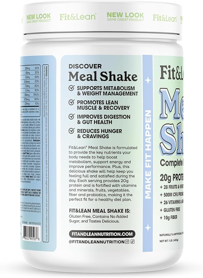 Fit & Lean Meal Shake, Fat Burning Meal Replacement, Meal Replacement with Protein, Fiber, Probiotics and Organic Fruits & Vegetables, Cookies and Cream, 1lb, 10 Servings Per Container