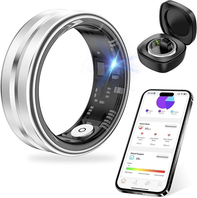 Thin Smart Ring for Fitness & Health Tracking -Heart Rate/Blood Oxygen Monitor, 5ATM Waterproof, Sleep Analysis, Pedometer -No APP Subscription Compatible with Smartphone (Silver, 8)