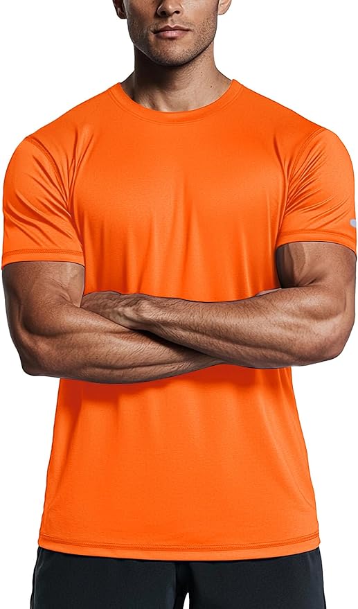 Men wearing a quick-dry moisture-wicking athletic short sleeve gym t-shirt in a relaxed fit.